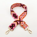 Detail of 3.8cm jacquard embroidered bag strap with geometric patterns and gold metal hooks - Rose Pink Black Orange