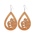 Detailed view of hollow sunflower laser-cut pattern on brown wooden teardrop earrings - Style 13/Teardrop Sunflower Hollow