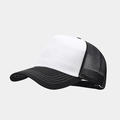 Detail of breathable black mesh back and sturdy curved brim on a classic trucker cap - Adjustable / White and Black Brim