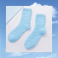 Light blue fluffy coral fleece slipper socks in soft plush texture for home wear - Lake Blue