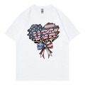 White cotton t-shirt for women and men featuring heart-shaped USA flag and leopard print - XS / White Design 317
