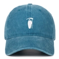 Close-up of white Reaper embroidery on vintage washed blue cotton baseball cap - Adjustable / Lake Blue