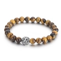 Tiger's eye beaded bracelet with silver lion head accent on elastic rope - Tiger Eye Lion Head Style (KB70574-BD) / 8mm