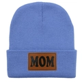 Bonnet bleu tricoté avec écusson en cuir MOM marron pour le froid hivernal - Adulte Élastique / Bleu Cyan (MOM)