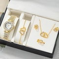 5-piece gold jewelry set with quartz watch, heart bracelet, necklace and earrings box - Gold (5pcs Set)