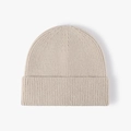 Minimalist beige ribbed knit cuffed beanie hat for winter in soft oatmeal finish - Beige (20B118C)