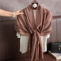 Brown linen cotton scarf with white geometric cross patterns and tassel details - Brown