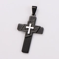 Detail of black metal cross pendant with silver center and geometric engraving - Large (Without Chain) / Two-tone Black