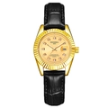 Men's quartz watch with champagne gold dial, black leather strap, and date window - Black Strap Gold Case Gold Dial Women's