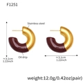 Detailed view of C-shaped gold-plated stainless steel earrings with red enamel - Red Enamel Earrings (F1251) / Burgundy