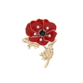 Red enamel poppy flower brooch with black center and crystals on golden stem - Red Poppy (C1655-RE)