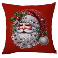 Square red Christmas pillowcase featuring a decorative Santa Claus with jewel ornaments - Jewelry Santa Claus