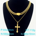 Gold-toned layered necklace set featuring a cross pendant and a thick Cuban link chain - Gold Layered Necklace