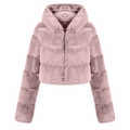 Detailed texture of pink faux fur coat featuring a metallic ring zipper and hood - S / Pink