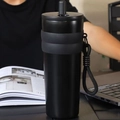 Large capacity black stainless steel tumbler with straw and black woven carrying handle - Black No Pendant