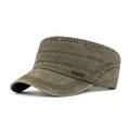 Men's military flat top cap in washed army green cotton with fashion metal badge - Adjustable / Army Green