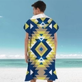Aztec pattern microfiber hooded beach poncho towel with blue and yellow geometric designs - Pullover Style - Dark Rhombus