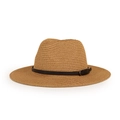Détail du chapeau de paille camel avec texture tissée et ceinture noire à boucle métal - M / Kaki