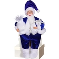 12-inch sitting Santa Claus doll in royal blue velvet outfit with silver gift bag - Sitting Santa Blue Velvet Style