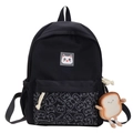 Zaino per asilo in tela nera con patch a gatto e ciondolo a forma di pane - Senza Ciondolo / Nero
