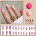 Almond press-on nails with pink french tips, daisy prints and polka dots, 24 piece set - Pink French Floral Style (W588) / Glue Type