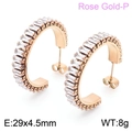 Rose gold plated stainless steel C-shaped hoop earrings with square white zircon stones - Rose Gold-29x4.5mm(KE104540-KFC)
