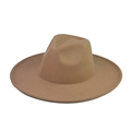 Close-up of a camel wool felt fedora hat featuring a teardrop crown and flat wide brim - Adult 57-60cm / Khaki