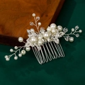 Elegant bridal hair comb with white pearls, clear rhinestones and silver weaving - Silver Handmade Artificial Pearl Crystal Hair Comb (HS-J5234S)