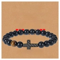 Bracciale da uomo in pietra nera opaca e occhio di tigre con croce bandiera USA su biglietto - A Mio Padre