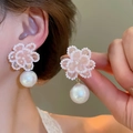 Close-up of handmade pink beaded flower earrings with white pearl droplets for women - 11# Pink Flower Imitation Shell Pearl (WE2593)