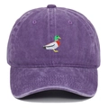 Close-up of duck embroidery on washed purple cotton six-panel retro baseball cap - Purple