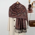Ethnic paisley pattern scarf with black tassels styled over an elegant cream-colored coat - VE051 Dark Purple