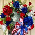 Patriotic USA Independence Day wreath with red blue roses and flag ribbon on wood door - Style 1