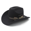 Classic black wool felt western cowboy hat with ethnic feather and vintage buckle accent - Black