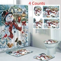 Weihnachts-Badezimmerset mit Schneemann-Duschvorhang, WC-Deckelbezug und passenden Fußmatten - 3-teiliges Badematten-Set / Winter-Schneemann & Waldhütte