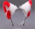 Cute Lolita plush cat ear headband in red and white colors on a transparent display stand - White and Red
