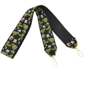 Close-up of ethnic jacquard wide shoulder strap with floral embroidery and gold metal clips - Black White Green Floral