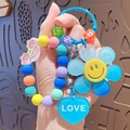 Colorful beaded keychain with rainbow smile flower charm and blue heart Love pendant - Sunflower Beaded Chain Keychain-Gradient Blue