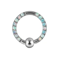 Silver stainless steel BCR nose ring featuring circular set white opals and metal bead - Steel Color-OP26 Opal