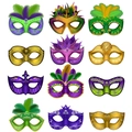 Set of 12 vibrant Mardi Gras half masks in classic purple, green and gold colors - Carnival Set