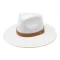 Detailed close-up of white wide-brim felt fedora featuring a brown leather band with gold button - M(56-58cm) / White