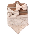 Three-piece baby floral muslin bib and bow headband set on a display card - Beige Gold Flower