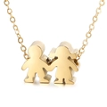 Polished gold stainless steel necklace featuring cute boy and girl holding hands pendant - Gold Boy and Girl Holding Hands (KN197036-K)