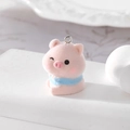 Cute pink flocked pig pendant with blue scarf and metal ring for DIY jewelry making - Pink Pig
