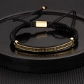 Men's black woven cord bracelet featuring gold bar with pave black zircon stones - Gold Long Plate