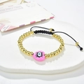 Handmade bead bracelet with golden copper beads and pink heart evil eye charm - Pink Heart