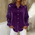 Close-up of velvet shirt with sequin sleeves and button-down collar in dark purple - Purple