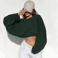 Cropped dark green crewneck sweatshirt with oversized sleeves and casual dropped shoulders - M / Tops / Dark Green