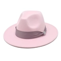 Pink wool fedora hat with a charcoal satin band and sparkling crystal buckle accent - Pink