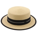 Cappello di paglia beige piatto con nastro nero e logo M per protezione solare da spiaggia - M (56-58cm) / Beige